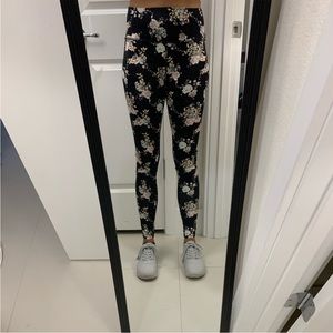 F21 black floral high waisted leggings